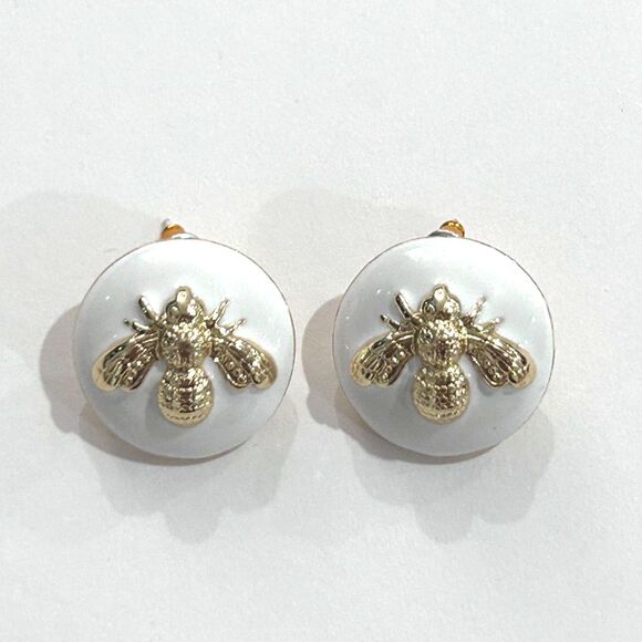 3/$39- White Gold Bumble Bee Enamel Circle Stud Post Earrings Contemporary Small - Picture 1 of 2